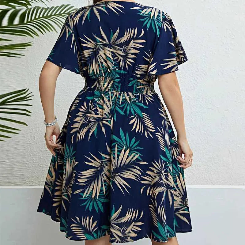 Basic Casual Dresses Plus Size Women Summer Dress Loose Fit Pleat Bohemian Elegant Girls Doll Dress Beach Oversize Short Slve Printed Women Dresses Y240429