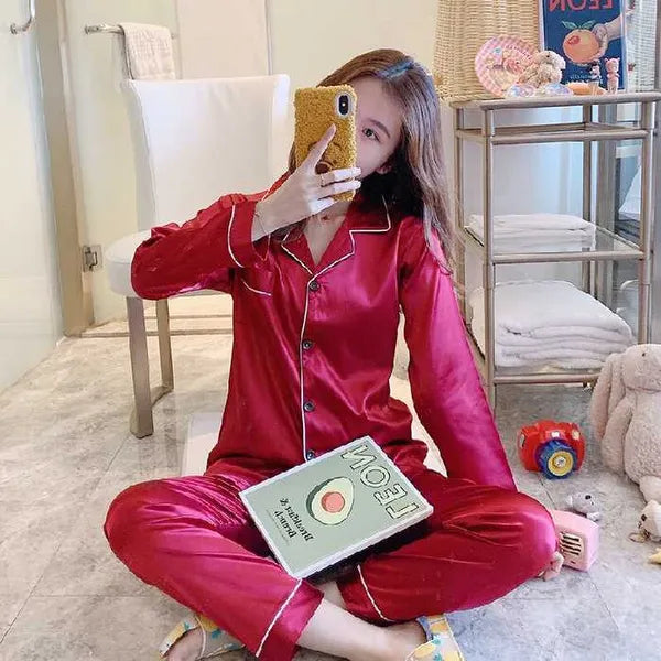 Women's Sleepwear 2023 Silk Satin Pajamas Set Woman Printed Long Sleeve Pijamas Suit Female Homewear Two Piece Loungewear Pjs Plus Size