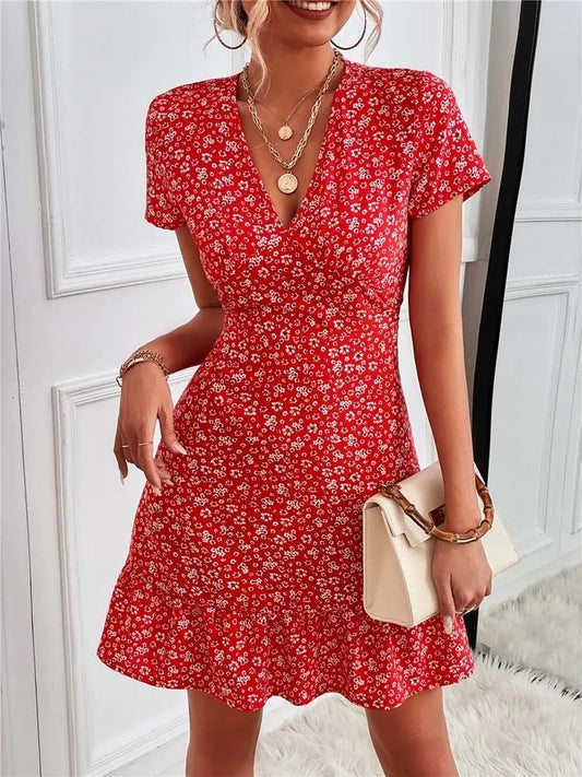 Basic Casual Dresses Summer Short Boho Dress Women V Neck Print Floral Party Dress Ladies Bohemian Flower Mini Dress For Women 230531