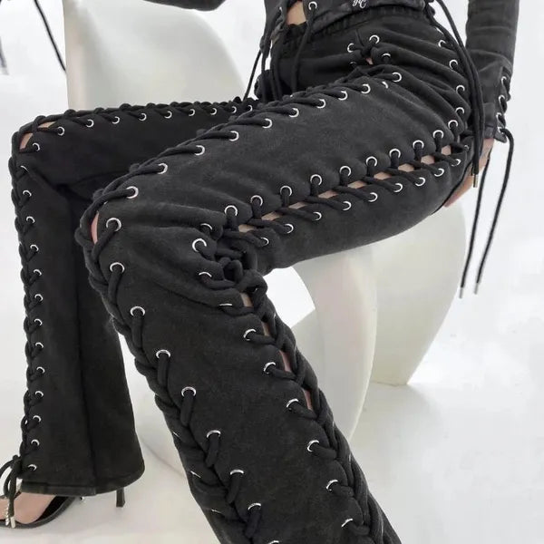 Women's Pants BoozRey Y2k Women Streetwear Low Waist Pant 90s Vintage Clothes Skinny Slim Sexy Lace Up Hollow Out Straight Trousers