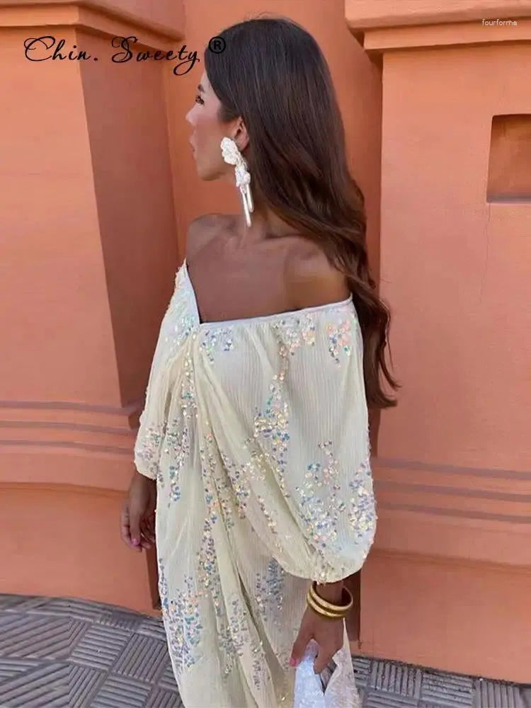 Casual Dresses Elegant Sequins Off Shoulder Pleated Party Dress Women Mesh Oversized Lantern Sleeve Midi Female Backless Evening Robe