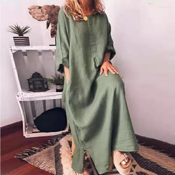 Casual Dresses 2023 Women Vintage Spring Fall Oversized Long Maxi Dress Solid Simple Sleeve Slit Hem Cotton Linen Robe