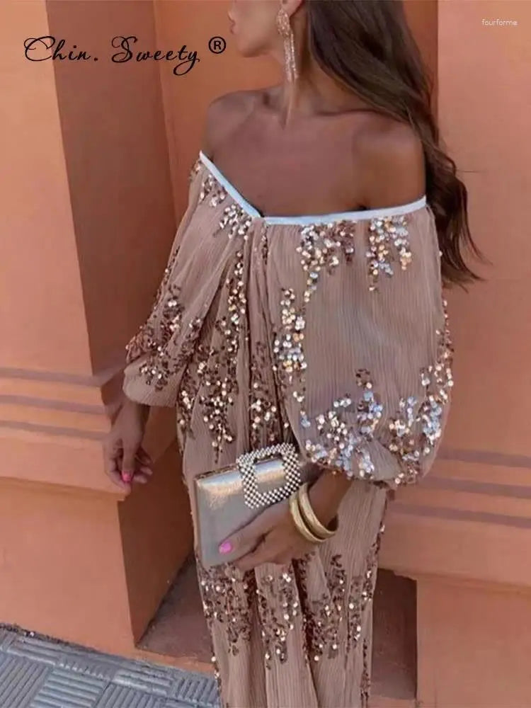 Casual Dresses Elegant Sequins Off Shoulder Pleated Party Dress Women Mesh Oversized Lantern Sleeve Midi Female Backless Evening Robe