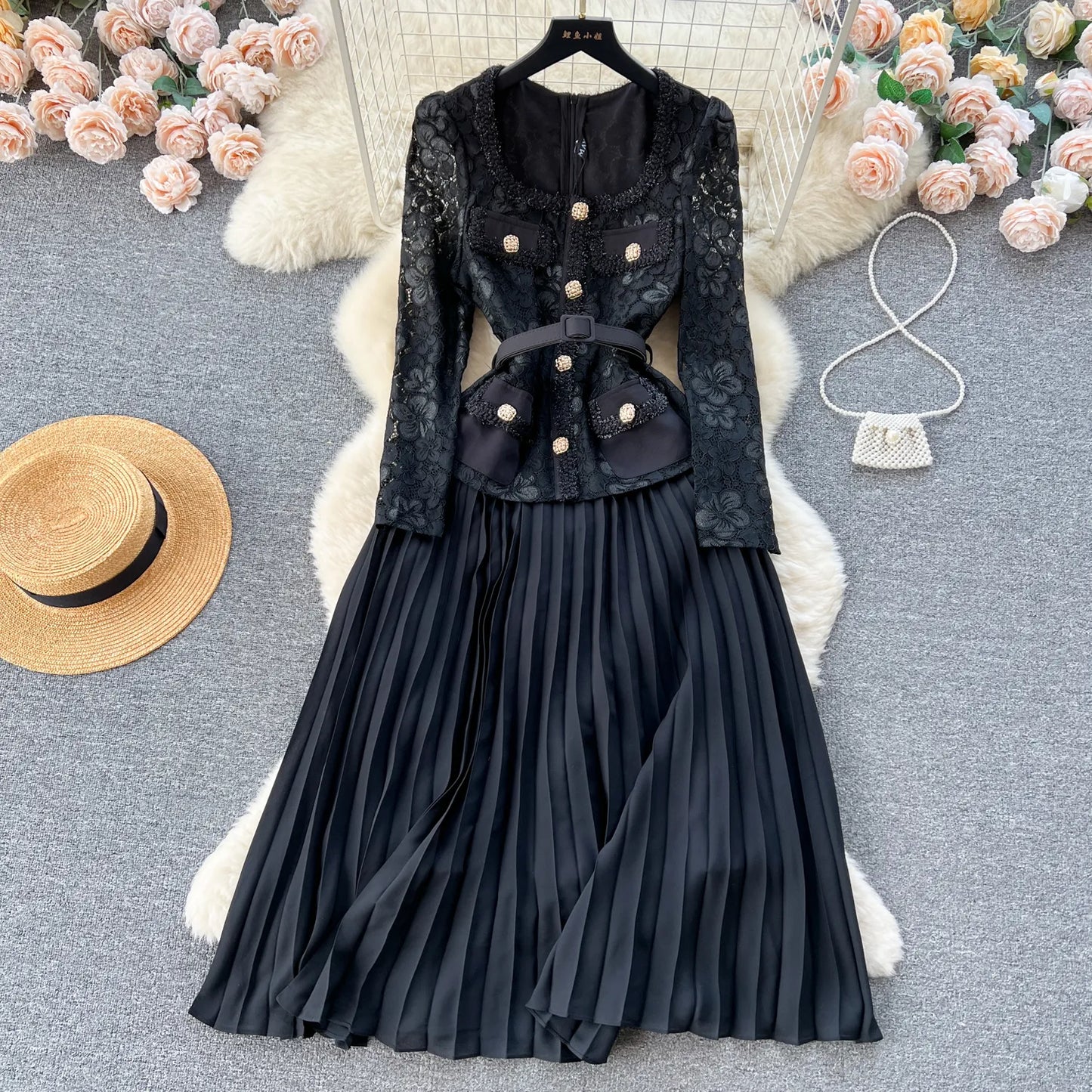 Basic Casual Dresses Luxury Embroidery Hollow Out Lace Dress For Women Autumn Runway Long Sleeve Belt Holiday Party Pleated Vestidos Robes 2024