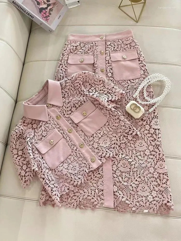 Work Dresses Luxury Runway Small Fragrance Two Piece Set Women Lace Hollow Out Shirt Top Long Skirt Suits Summer 2 Sets