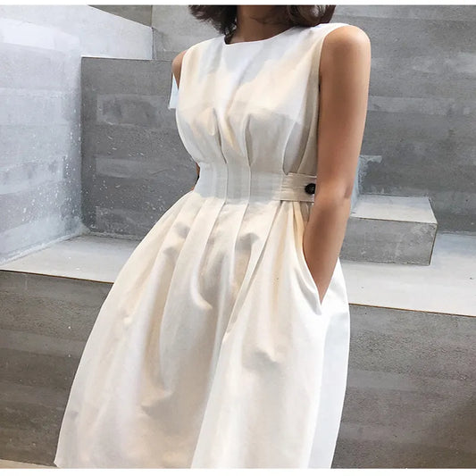 Casual Dresses Summer Women Solid White Black Fashion Elegant Casual Party Dress O Neck Sleeveless Tank Sundress Female Vestido 230418