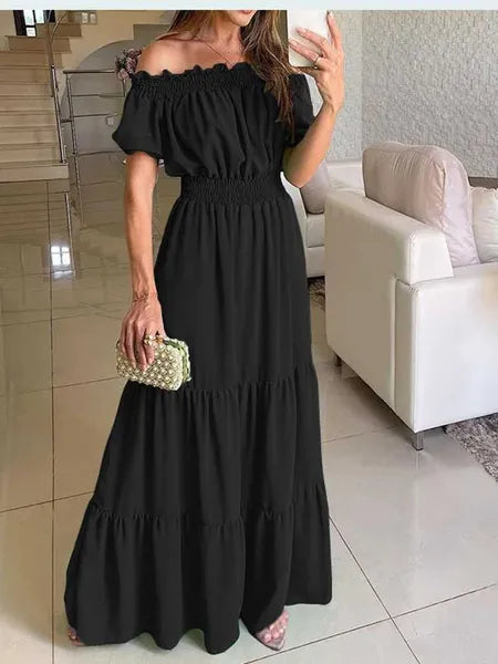 Basic Casual Dresses 2024 Summer Solid Boho Dress Women Fashion Elegant Beach Party Dress Casual Slash Neck Office Maxi Dresses For Woman Robe FemmeL2404