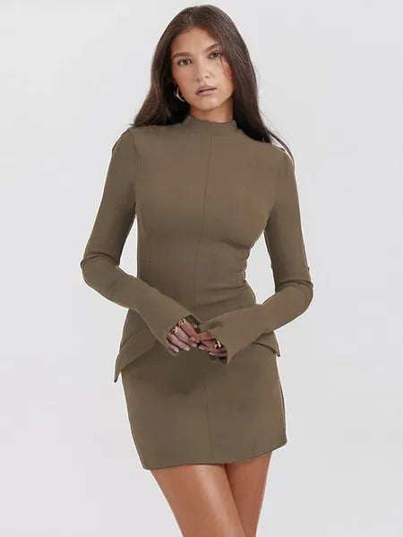 Casual Dresses Elegant Dark Blue Solid High Waist Mini Dress Women Fashion With Pocket Long Sleeve Bodycon Chic Party Club Robes