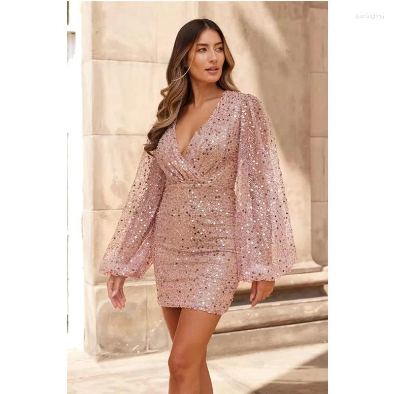 Casual Dresses Fashion Long Lantern Sleeve Sequined V Neck Bodycon Cocktail Dress Sexy Women High Waist Corset Evening Party