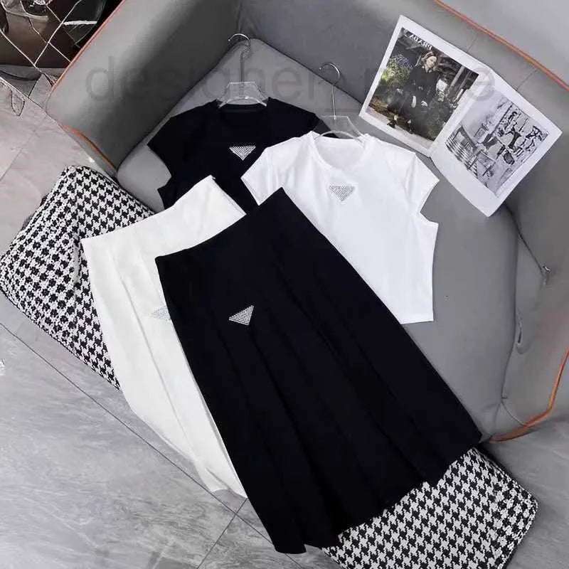 Two Piece Dress Designer Trendy summer suit skirt T-shirt pleated skirt fashion hot diamond decoration age reducing generous set two-piece set for women 4BZE