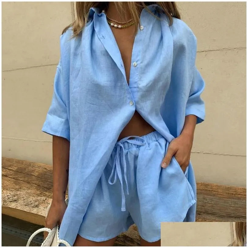 Women'S Tracksuits Womens Women Lounge Wear Shorts Set Short Sleeve Shirt Tops And Loose Mini Suit Two Piece Cotton Linen Summer Tra Dhgey