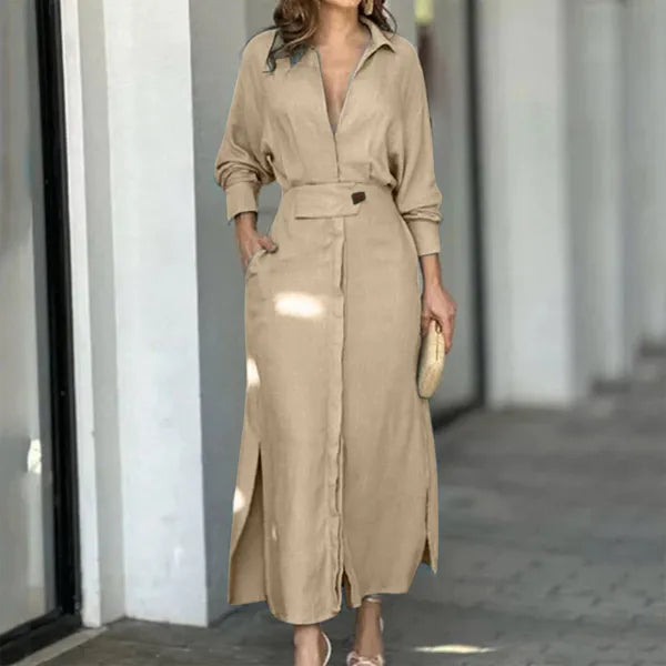 Fashion Dress for v neck shirt dress Women Luxury Elegant Solid Color Evening Dresses midi dress 2023 Party Slip Pockets Chic Long Sleeve Clothes