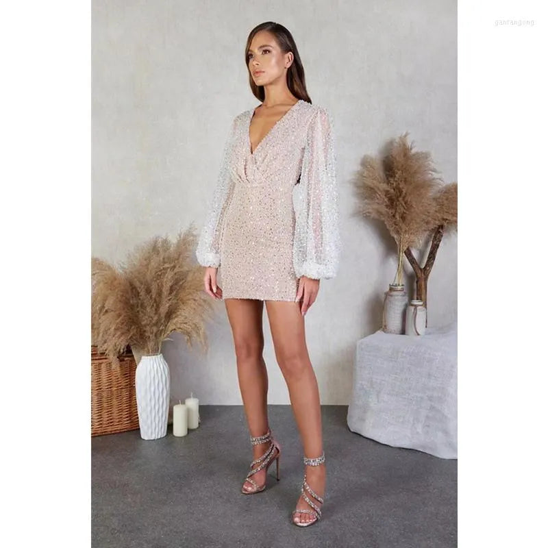 Casual Dresses Fashion Long Lantern Sleeve Sequined V Neck Bodycon Cocktail Dress Sexy Women High Waist Corset Evening Party