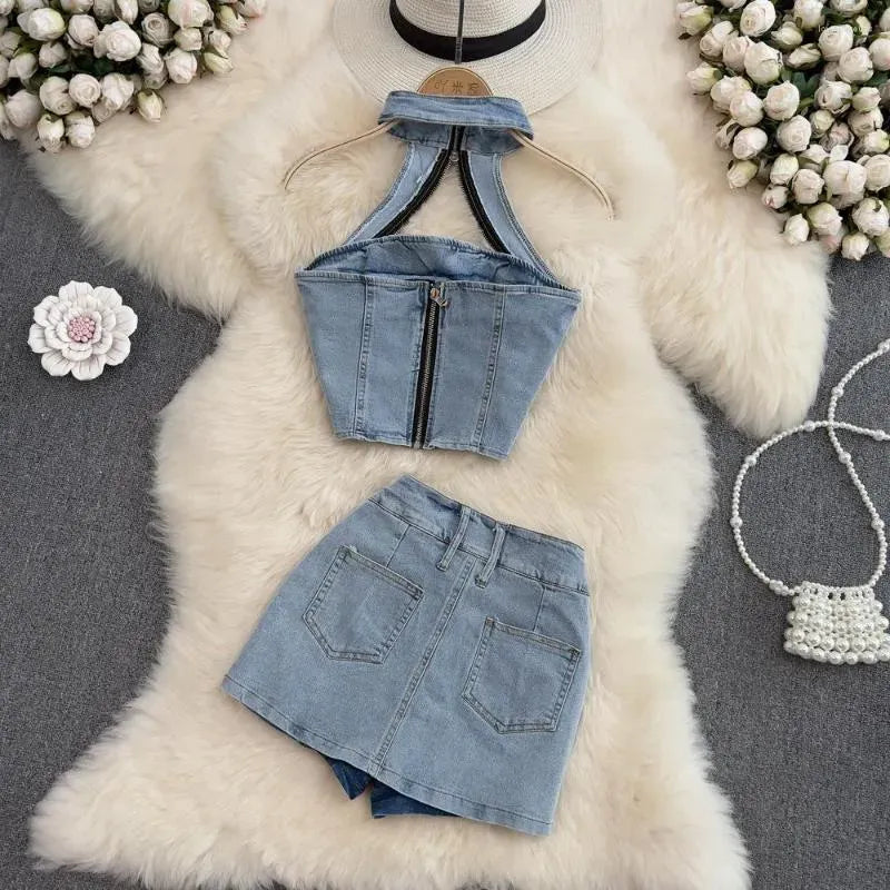 Women's Tracksuits Denim Two Piece Sets Womens Outfits Summer Vintage Hanging Neck Sleeveless Sexy Crop Top Half Body Short Skirt Set For