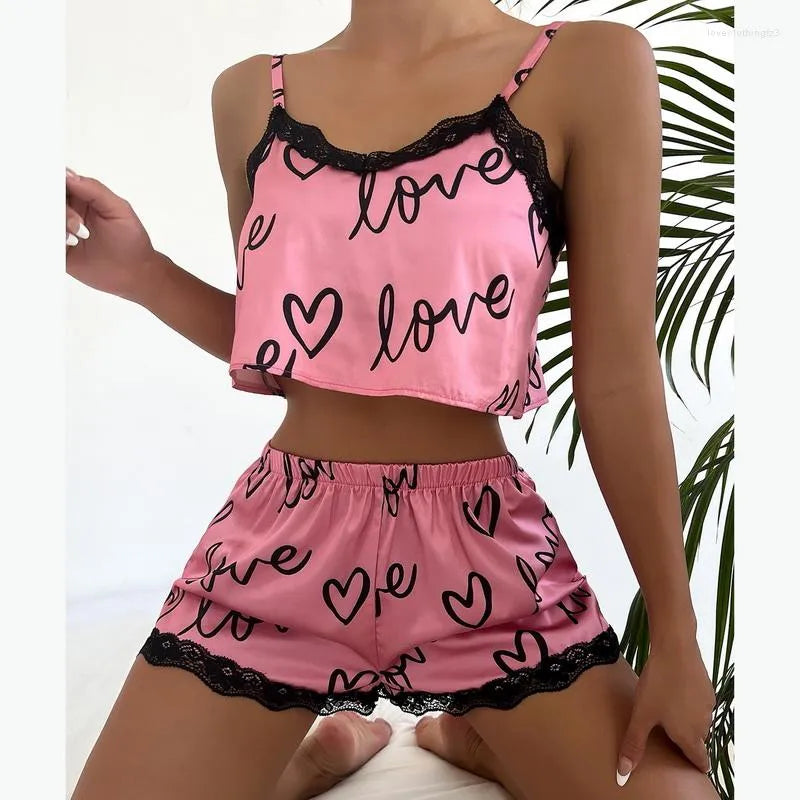 Women's Sleepwear Two Pieces Set Women'S Pajama Shorts Suit Print Underwear Pijama Sexy Lingerie Camisoles Tanks Nighty Ladies