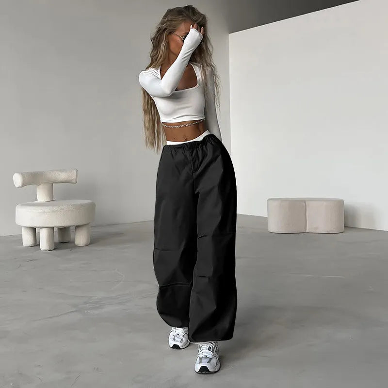 Women's Pants Capris Y2K High Waisted Drawstring Straight Cargo Pants High Street Casual Kpop Women Trousers Baggy Splice Punk Streetwear Pant 230615