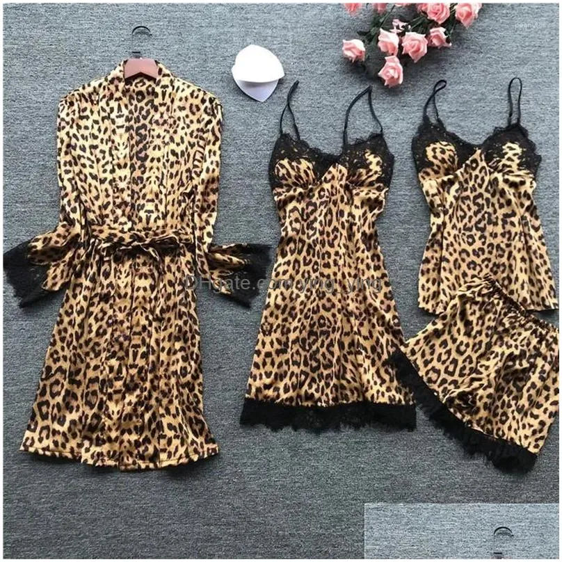 Women'S Sleepwear Womens Leopard Print Sexy Women Pajamas Sets Satin Pijama Silk Home Wear Embroidery Sleep Lounge Pyjama Nightwear Dhru3