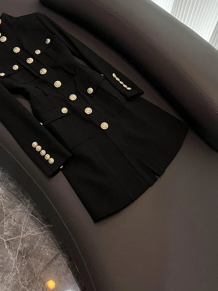 2023 Autumn Black Solid Color Panelled Dress Long Sleeve Stand Collar Double Pockets Single-Breasted Casual Dresses D3O071430