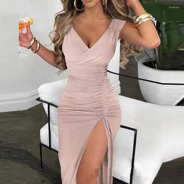 Casual Dresses 2023 Y2K INS Chic Sexy Sleeveless Corset Evening Cocktail Dress Elegant Drawstring Ruched High Slit Party For Women