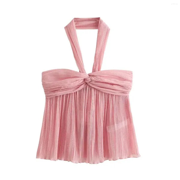 Women's Two Piece Pants Sets Summer Pink Set Sexy Fashion Halter Tops Solid Elegant Trafza Ins Woman Blouses Suit Y2k Blusas