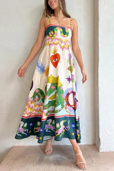 2023 Australian Designer Fancy Womens Long Dress Abstract Pattern Gathered Waist Sleeveless Womens Halter Print Sleeveless Swing Dress