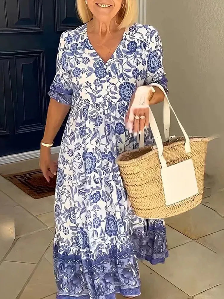 Basic Casual Dresses Boho Print Dress Women Summer Long Dress Female Fashion V Neck Half Sleeve Dress Ladies Loose Oversized Beach Party Dress 230608