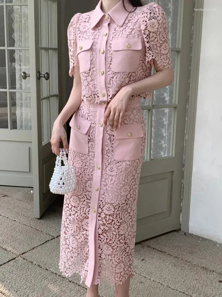 Work Dresses Luxury Runway Small Fragrance Two Piece Set Women Lace Hollow Out Shirt Top Long Skirt Suits Summer 2 Sets