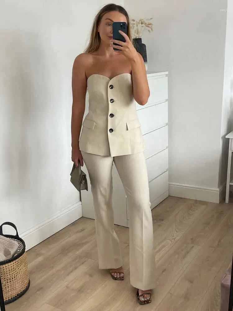 Women's Two Piece Pants KLKXMYT 2023 Women 2 Pieces Sets Fashion Single-Breasted Vest Straight Office Suit Vintage Woman Outfit