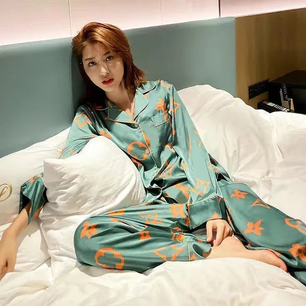 Women's Sleepwear 2023 Silk Satin Pajamas Set Woman Printed Long Sleeve Pijamas Suit Female Homewear Two Piece Loungewear Pjs Plus Size