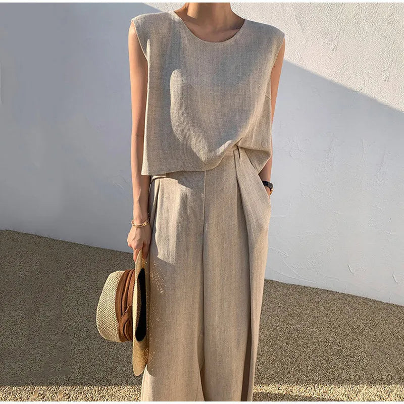 Women's Tracksuits Women Cotton Linen Suits Summer Sleeveless O-Neck Tank Top Wide Leg Pants Two Piece Sets Female Fashion Casual Solid Loose Suits 230504