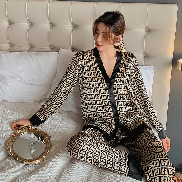 Women's Sleepwear 2023 Silk Satin Pajamas Set Woman Printed Long Sleeve Pijamas Suit Female Homewear Two Piece Loungewear Pjs Plus Size