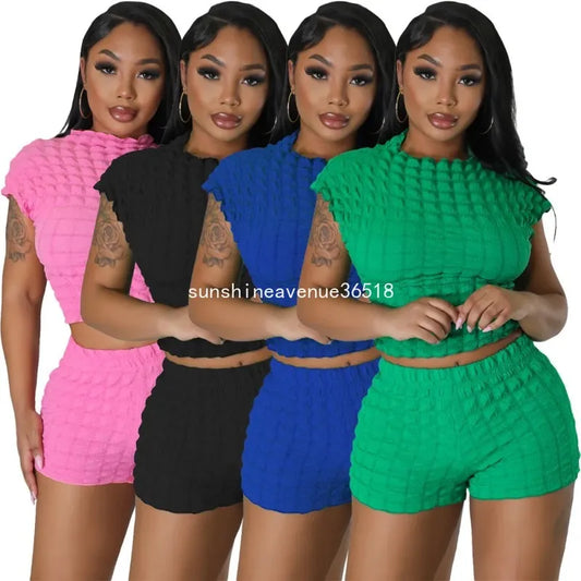 2024 Designer Tracksuits Summer Two Piece Sets Women Bubble Outfits Sexy Solid Sleeveless Top vest and Shorts Casual Sportswear Bulk items Wholesale Clothing