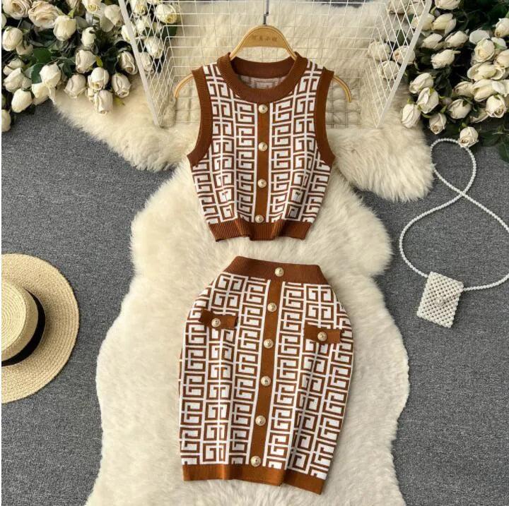 Designer Women Tracksuits Knitted Sleeveless Round Neck Tank Top+hip Wrap Short Skirt Fashion Two Piece Set