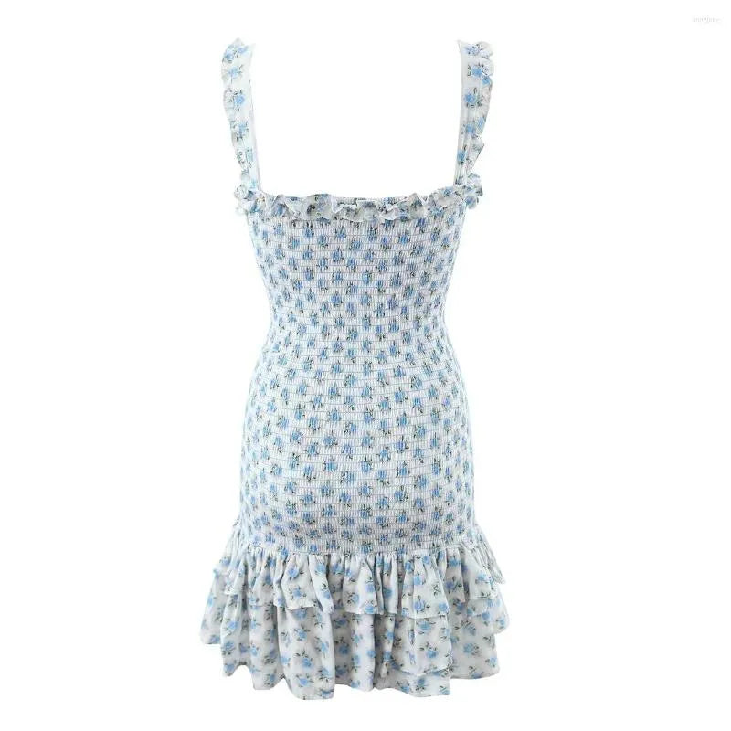 Casual Dresses Boho Inspired Rosebud Print Smocked Bodice Sexy Women Party Dress Straps Ruffled Summer Layered Sweet Ladies 2023