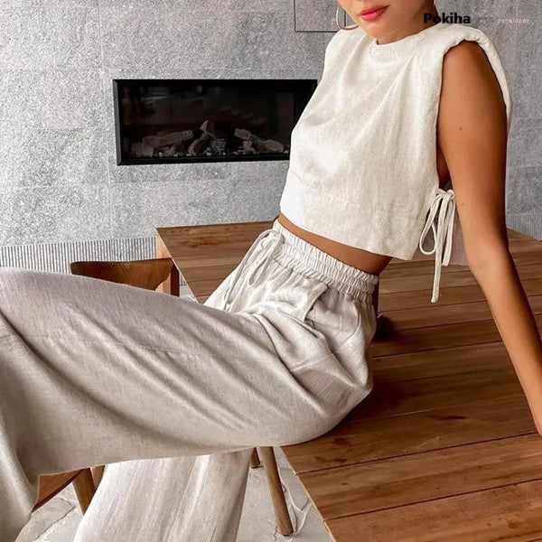 Women's Two Piece Pants Woman Linen Set Shorts Solid Suit 2-piece Sleeveless Casual Summer Fashion 2023 Ensemble Tunique Pantalon