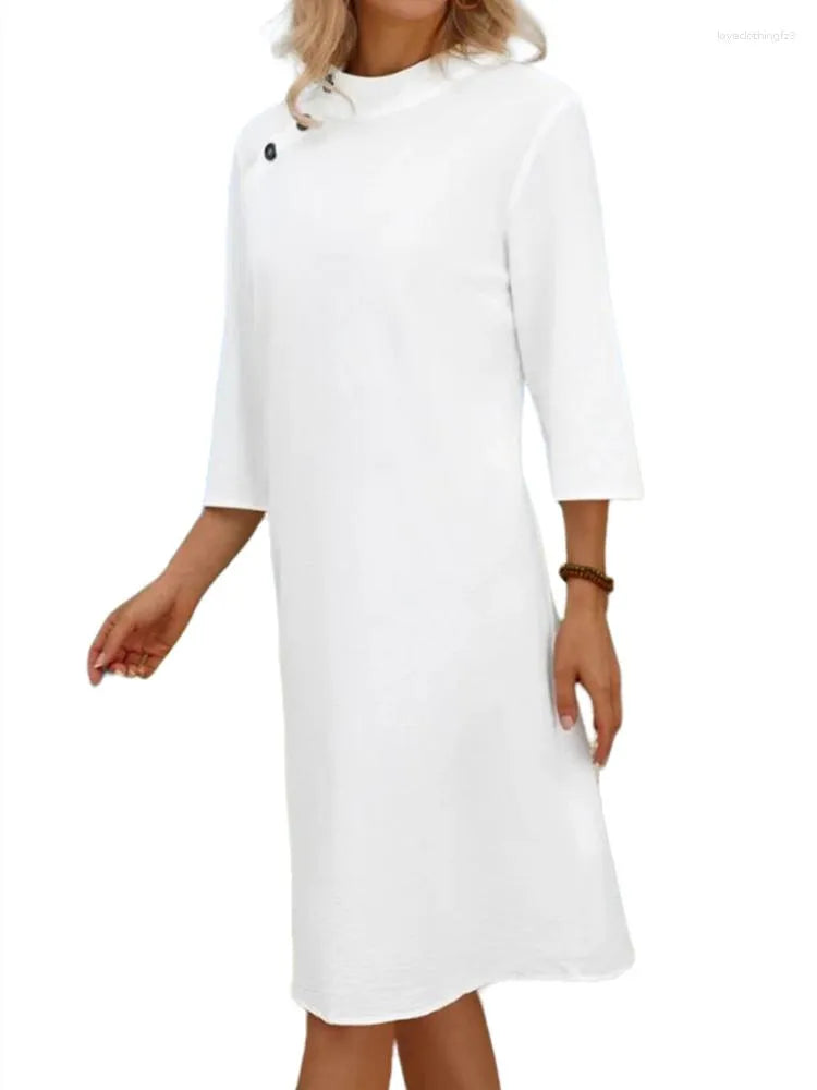 Casual Dresses Fashion Women's Dress 2023 Oversized Standing Collar With 3/4 Sleeves White Cotton Linen Chic Vestido For Women