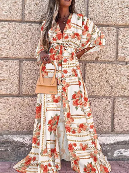 Basic Casual Dresses Summer Print Casual Women Dresses Oversized Holiday Beach Dress Boho Long Cover-Up Dress Female Long Sleeve Loose Tunic Dress 230818