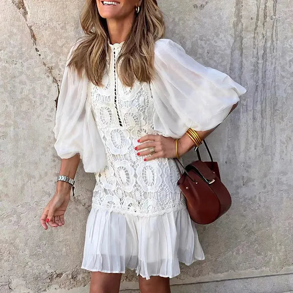 Basic Casual Dresses Women Clothing Lace V Neck Short Sleeve Wrap Hip Dress Fashion Embroidered Button Party Dress White Beach Mini Dresses Vestidos 230519