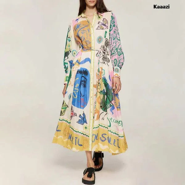 Basic Casual Dresses Polo Neck Printed Vintage Long Dress Princess Sleeves Laceup Big Hem Loose Vestidos Fashion Women Elegant Robe 230823