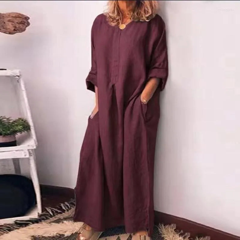 Casual Dresses 2023 Women Vintage Spring Fall Oversized Long Maxi Dress Solid Simple Sleeve Slit Hem Cotton Linen Robe