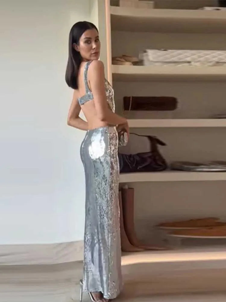 Basic Casual Dresses Sexy Sling Backless Silvery Maxi Dresses For Women Fashion High Waist Bodycon Sleeveless Robes Female Evening Party VestidosL240105