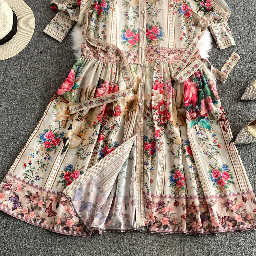 Casual Dresses Holiday Flower Print Long Dress Women's Stand Lantern Sleeve Single Breasted Floral Print Belt Oversize Maxi Robe Vestidos 2024