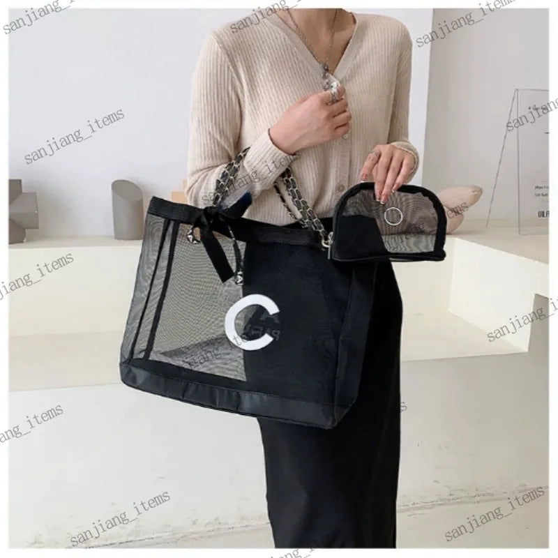 Womens Designer Bags Interlocking C Black Mesh Beach Tote High Quality CHA Handbags Crossbody Purses Chain Shoulder Purse Large Travel Shopping Bag Cosmetic Pouch