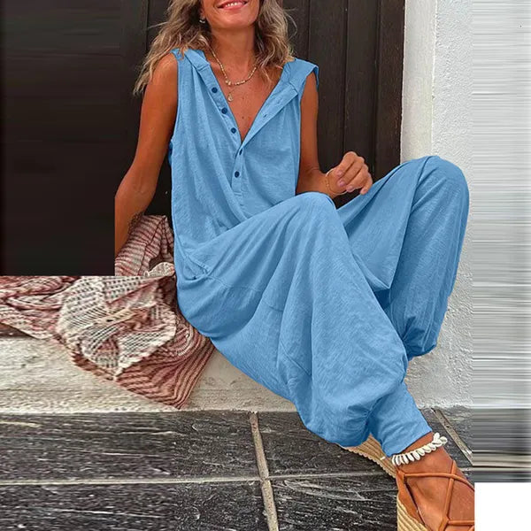 Women's Jumpsuits Rompers Beach Cross-pants Playsuit Fashion Loose Solid Sleeveless Hooded Romper Streetwear Vintage Button Jumpsuit Summer Women Causal 230720