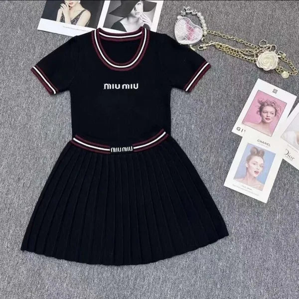 summer women set designer skirt suits letter applique knit color clashing pleated skirt two piece