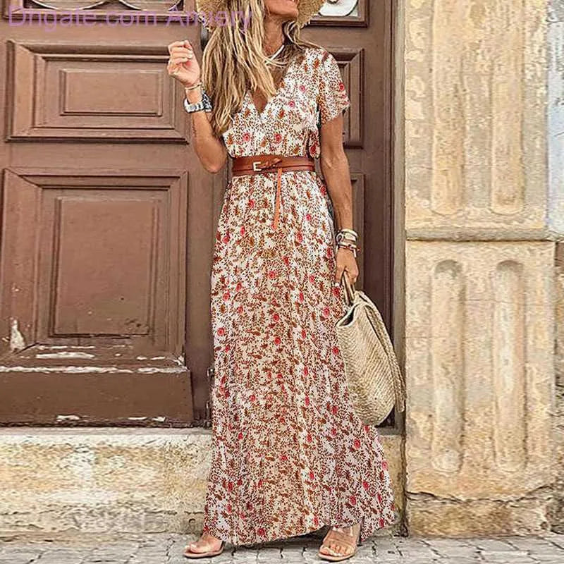 Women's Designer Summer Dress Fashion Bohemian V-neck Floral Elegant Beach Maxi Dresses For Woman Robes Vestidos Ladies Vacation Holidy Skirt