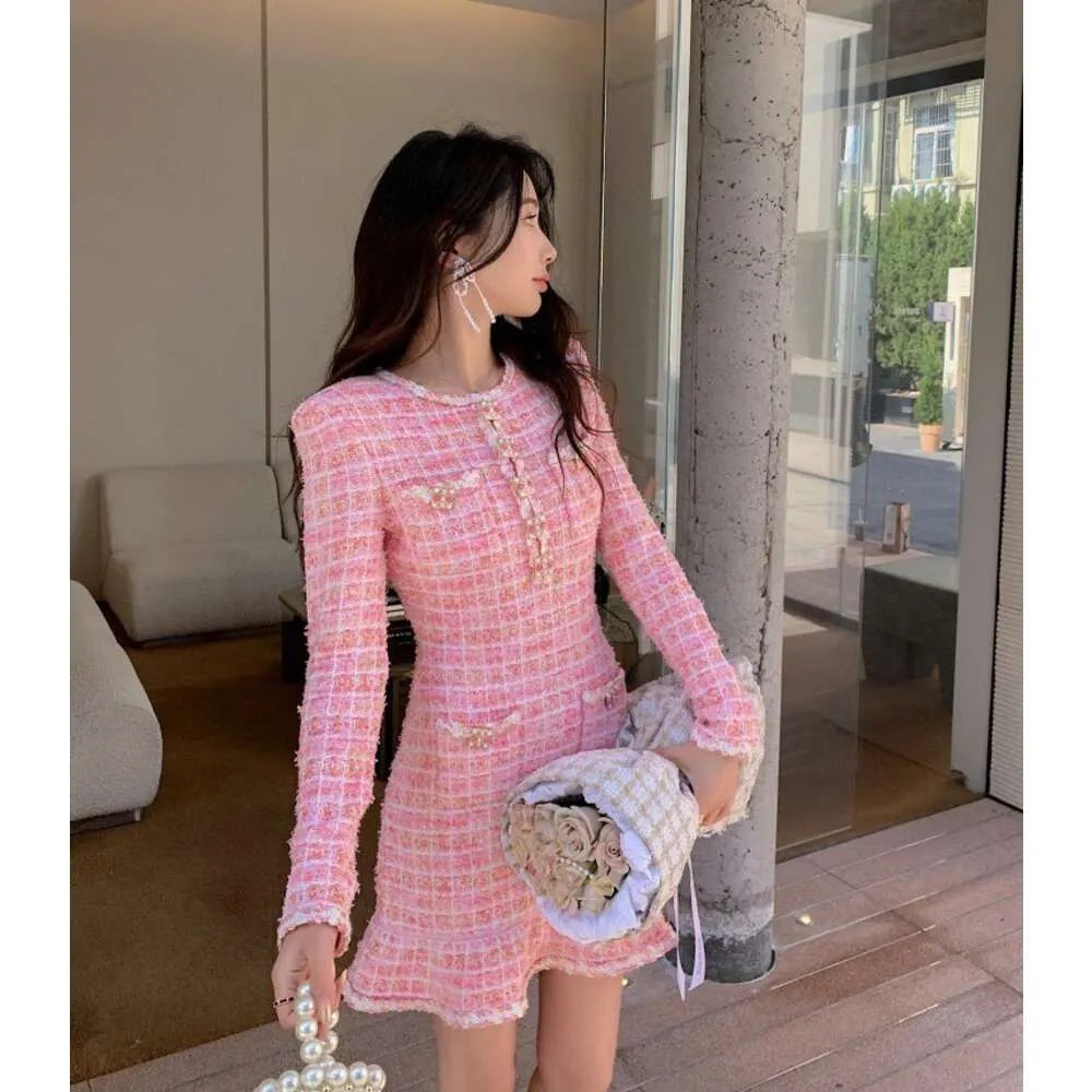 Mermaid Skirt Mini Women Pink Dresses Latest Spring Winter O-neck Plaid Elegant Women Dresses Dinner Party Wear Dresss Short Skirt FZ2404033