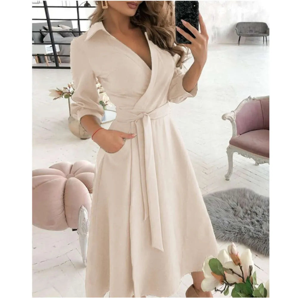 Designer Maxi Dresses For Women V Neck Long Shirt Chain Print Lapel Neck Party Dress Casual Long Sleeve Oversized Spring And Summer Ladies Full Length Skirt