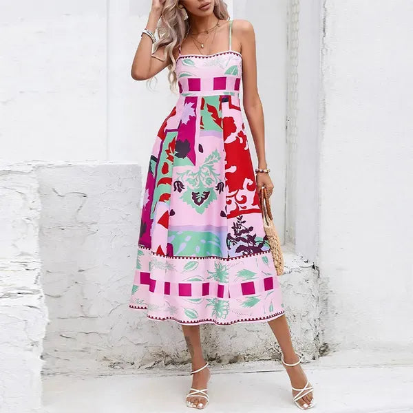 basic Casual Dres Elegant Print Colorful Lg Dr Women High Waist Spaghetti Straps Backl Sexy Aline Ladies Summer Beach Vacti Robe 230619 #