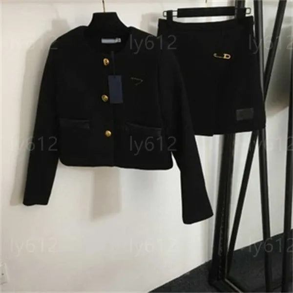 two piece set women designer womens clothing new tweed suit triangle label embellished round neck long sleeve jacket pin embellished skirt sets woman outfits